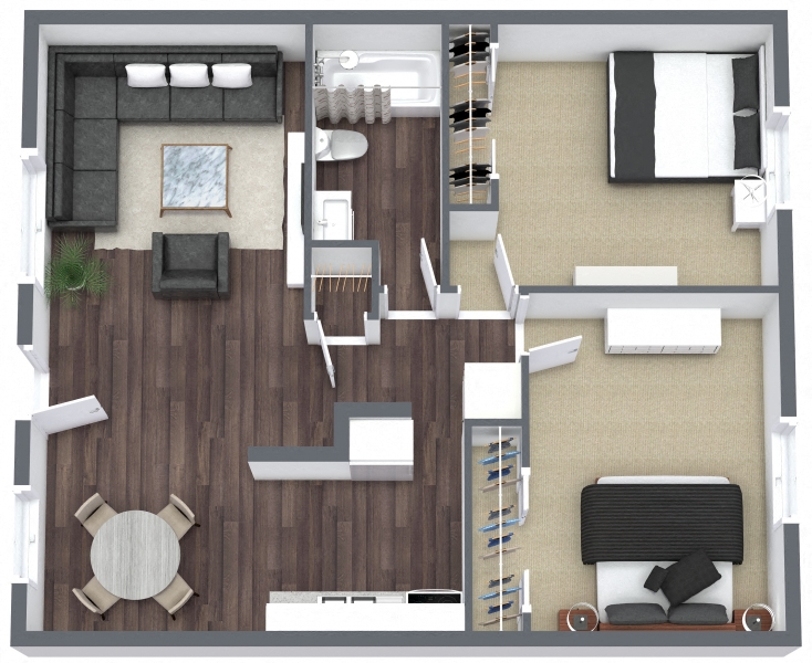 Floor plan for 2 beds, 1 bath, 850 sqft